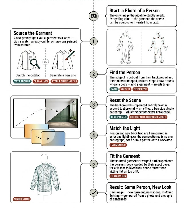 Step-by-step pipeline overview: start from a photo of a person, source or generate a garment, find the person, reset the scene, match the light, fit the garment, and get the result